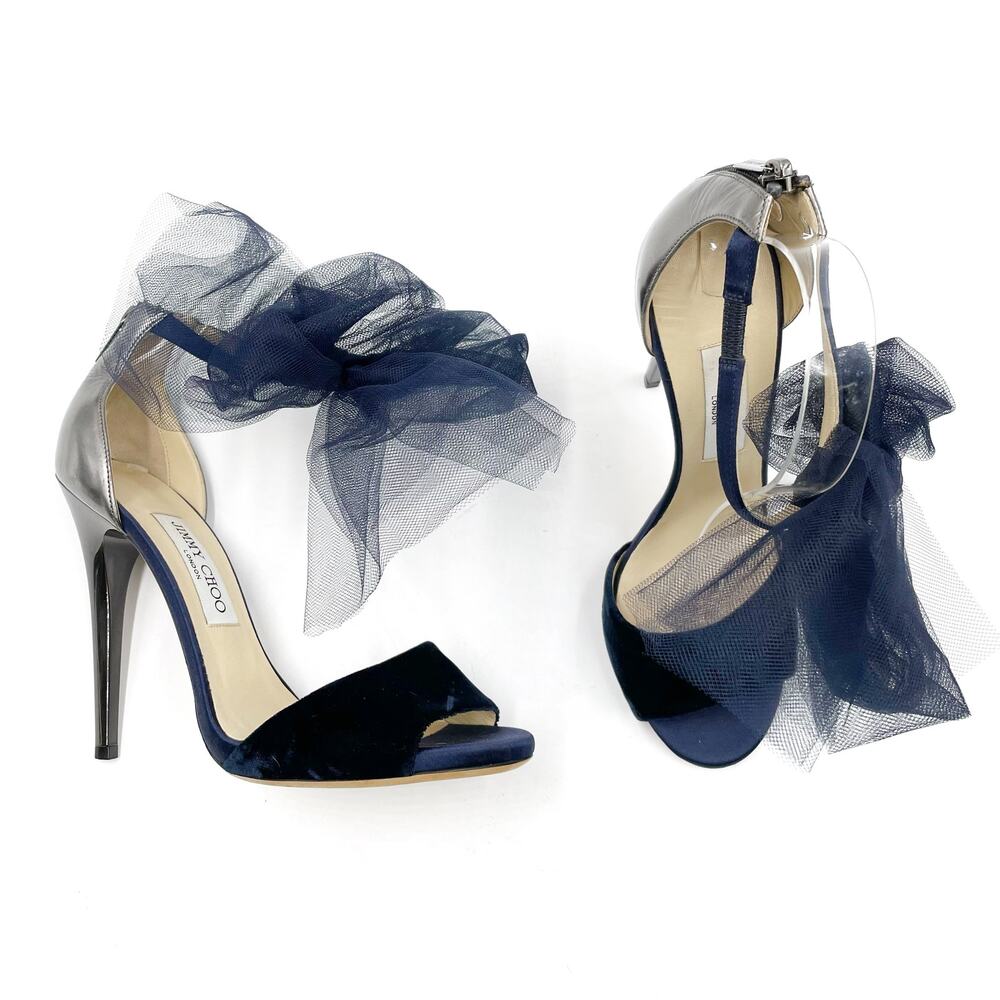 Jimmy Choo Navy Blue and Silver Tulle Ankle-Tie Stiletto Sandals - Picture 4 of 14